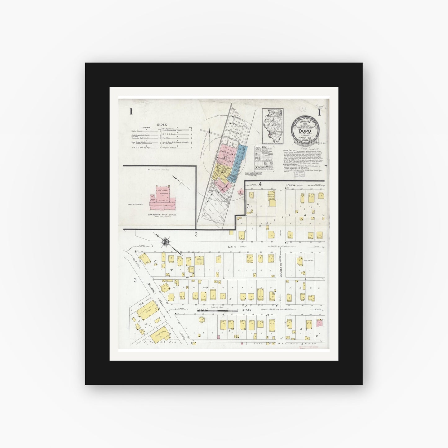 Old map wall art mockup — black gallery frame with white mat — Sanborn Fire Insurance Map from Dupo, Saint Clair County, Illinois (1928), Sheet #0001