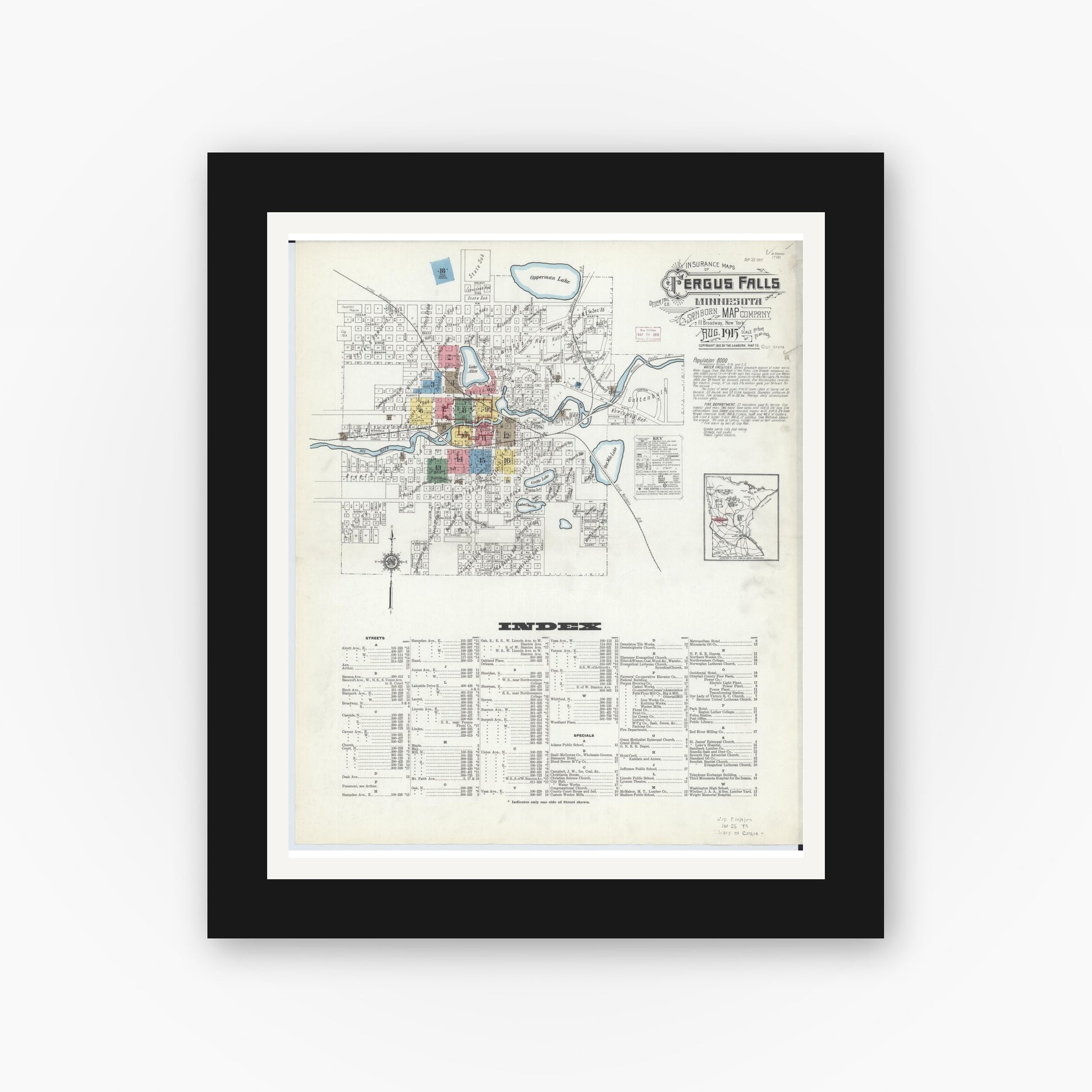 Old map wall art mockup — black gallery frame with white mat — Sanborn Fire Insurance Map from Fergus Falls, Otter Tail County, Minnesota (1915) - Complete Map Set