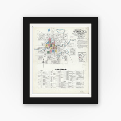 Old map wall art mockup — black gallery frame with white mat — Sanborn Fire Insurance Map from Fergus Falls, Otter Tail County, Minnesota (1915) - Complete Map Set
