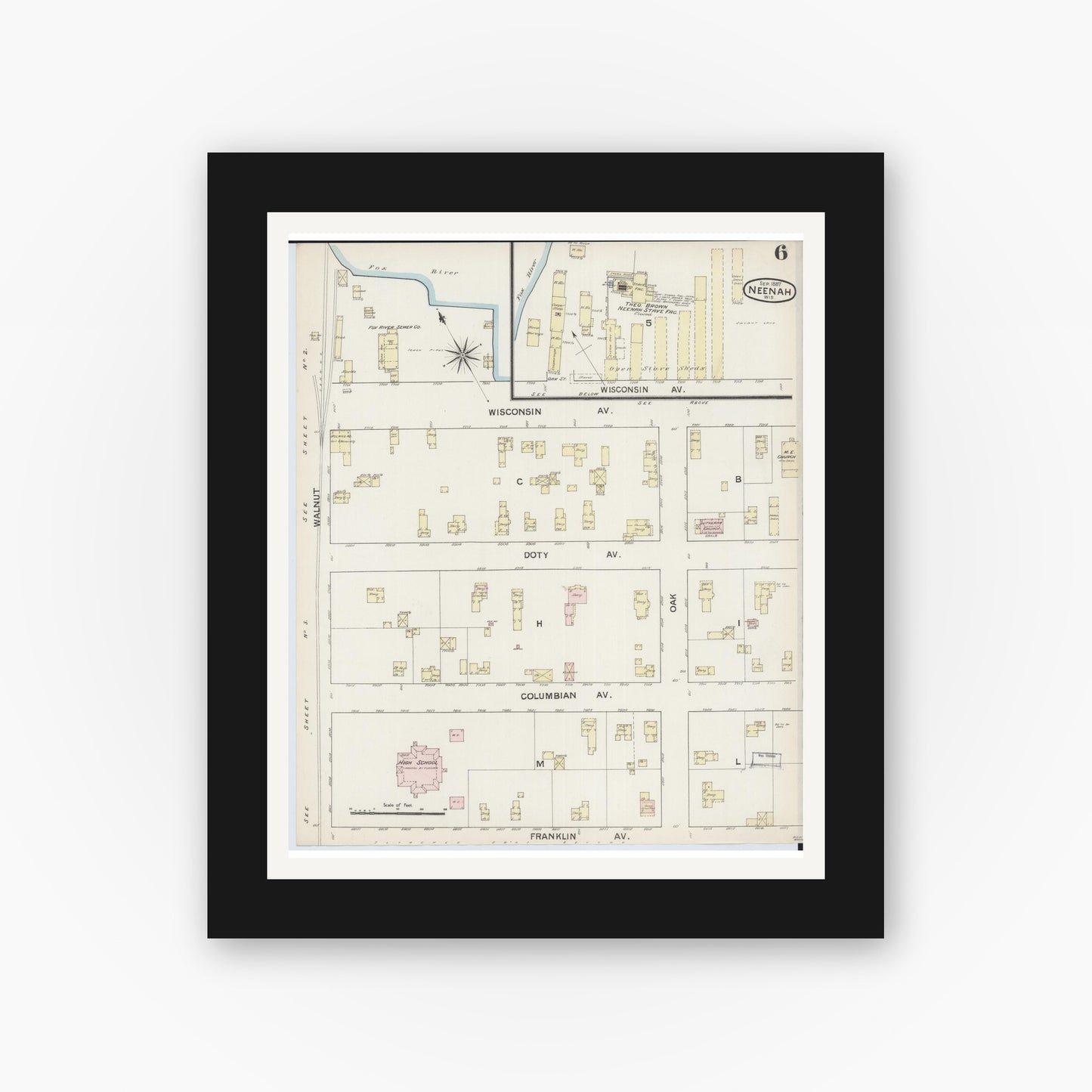 Old map wall art mockup — black gallery frame with white mat — Sanborn Fire Insurance Map from Neenah, Winnebago County, Wisconsin (1887), Sheet #0006