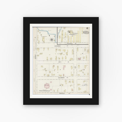 Old map wall art mockup — black gallery frame with white mat — Sanborn Fire Insurance Map from Neenah, Winnebago County, Wisconsin (1887), Sheet #0006