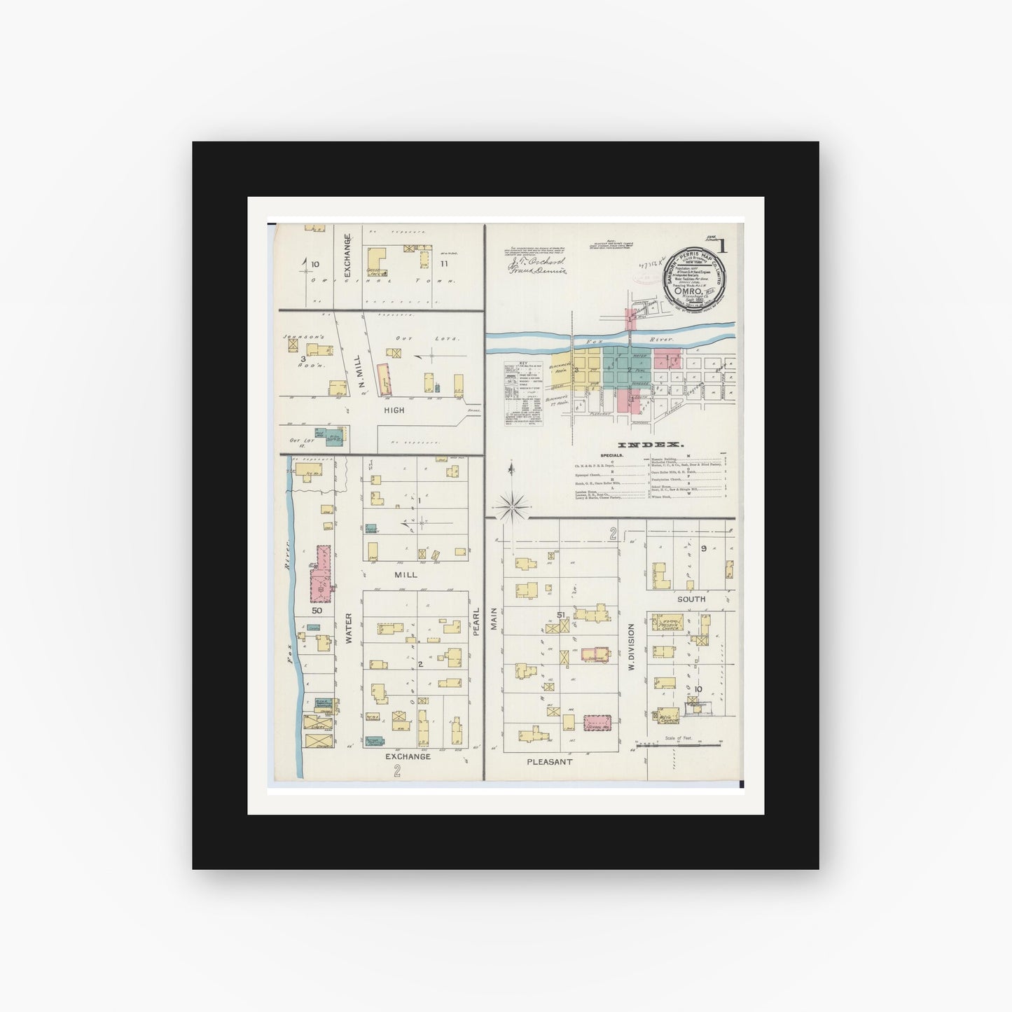 Old map wall art mockup — black gallery frame with white mat — Sanborn Fire Insurance Map from Omro, Winnebago County, Wisconsin (1892), Sheet #0001