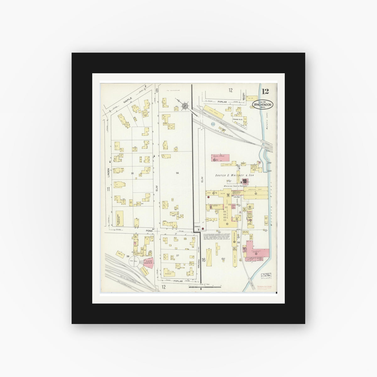 Old map wall art mockup — black gallery frame with white mat — Sanborn Fire Insurance Map from Winchendon, Worcester County, Massachusetts (1914), Sheet #0012