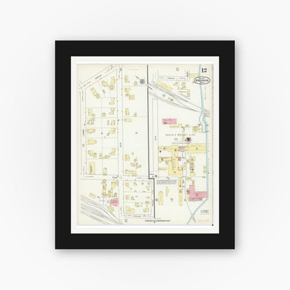 Old map wall art mockup — black gallery frame with white mat — Sanborn Fire Insurance Map from Winchendon, Worcester County, Massachusetts (1914), Sheet #0012
