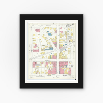 Old map wall art mockup — black gallery frame with white mat — Sanborn Fire Insurance Map from Fostoria, Seneca, Hancock, And Wood Counties, Ohio (1908), Sheet #0012