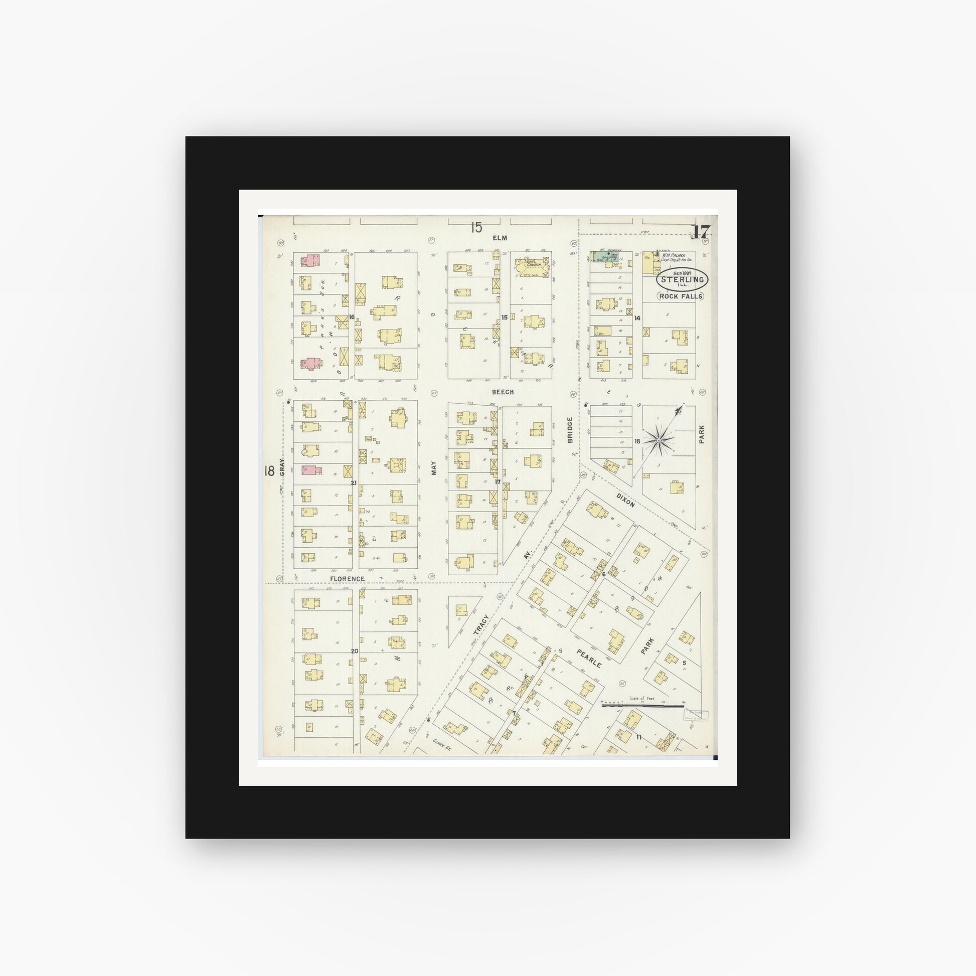 Old map wall art mockup — black gallery frame with white mat — Sanborn Fire Insurance Map from Sterling, Whiteside County, Illinois (1897), Sheet #0017