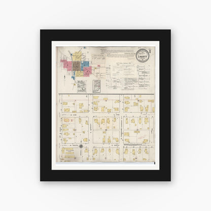 Old map wall art mockup — black gallery frame with white mat — Sanborn Fire Insurance Map from Liberty, Union County, Indiana (1932), Sheet #0001