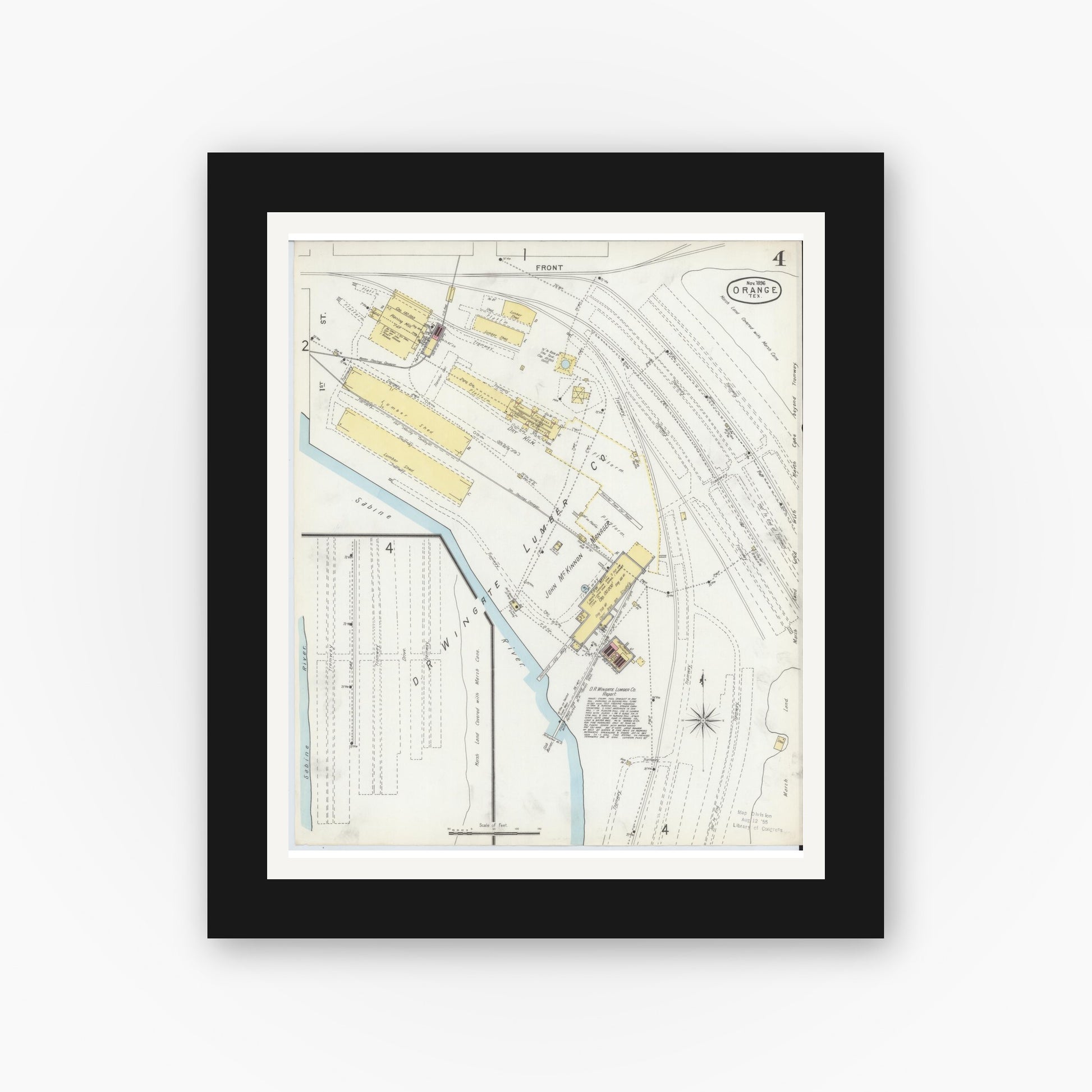 Old map wall art mockup — black gallery frame with white mat — Sanborn Fire Insurance Map from Orange, Orange County, Texas (1896), Sheet #0004