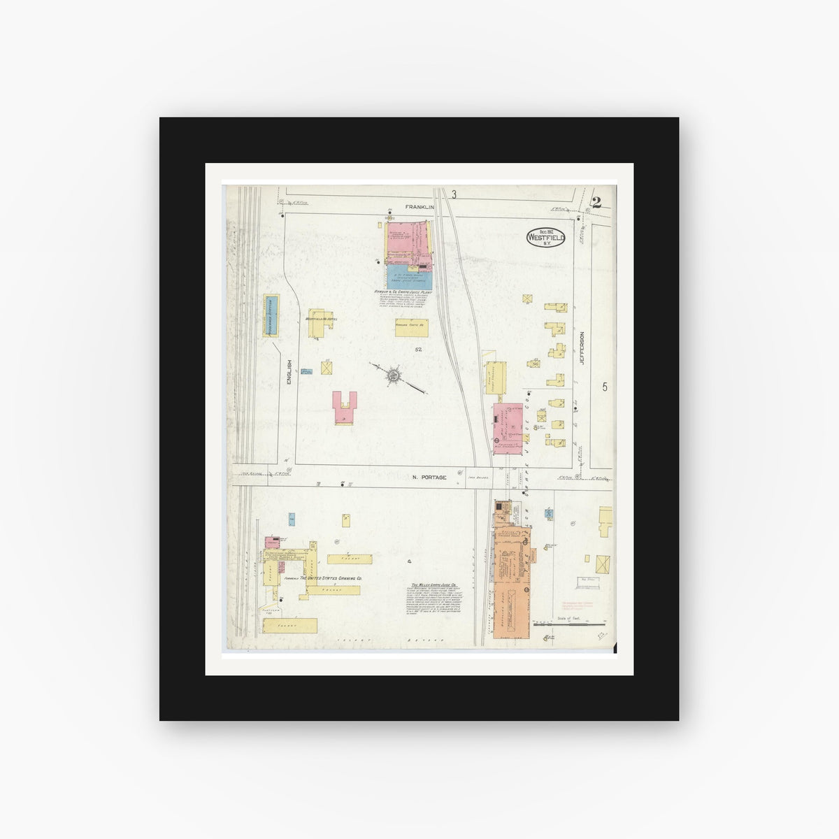 Old map wall art mockup — black gallery frame with white mat — Sanborn Fire Insurance Map from Westfield, Chautauqua County, New York (1912), Sheet #0002