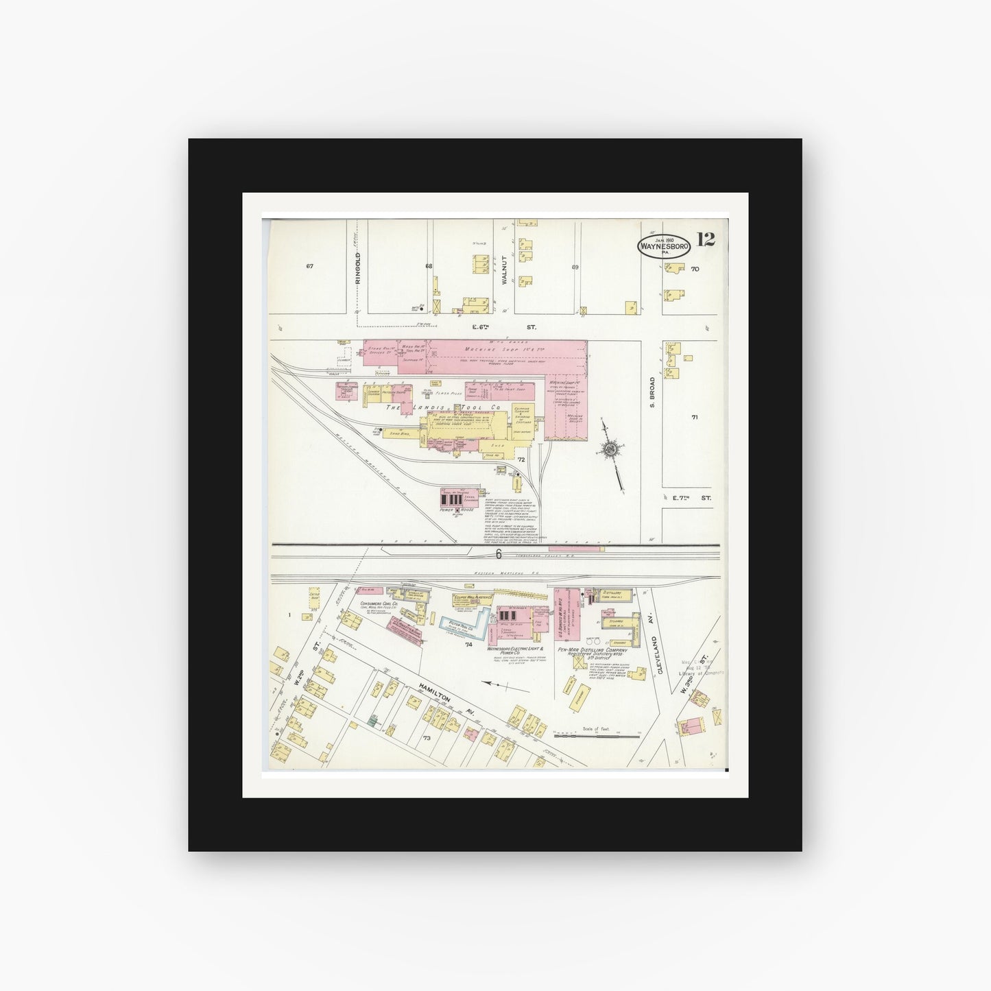 Old map wall art mockup — black gallery frame with white mat — Sanborn Fire Insurance Map from Waynesboro, Franklin County, Pennsylvania (1910), Sheet #0012