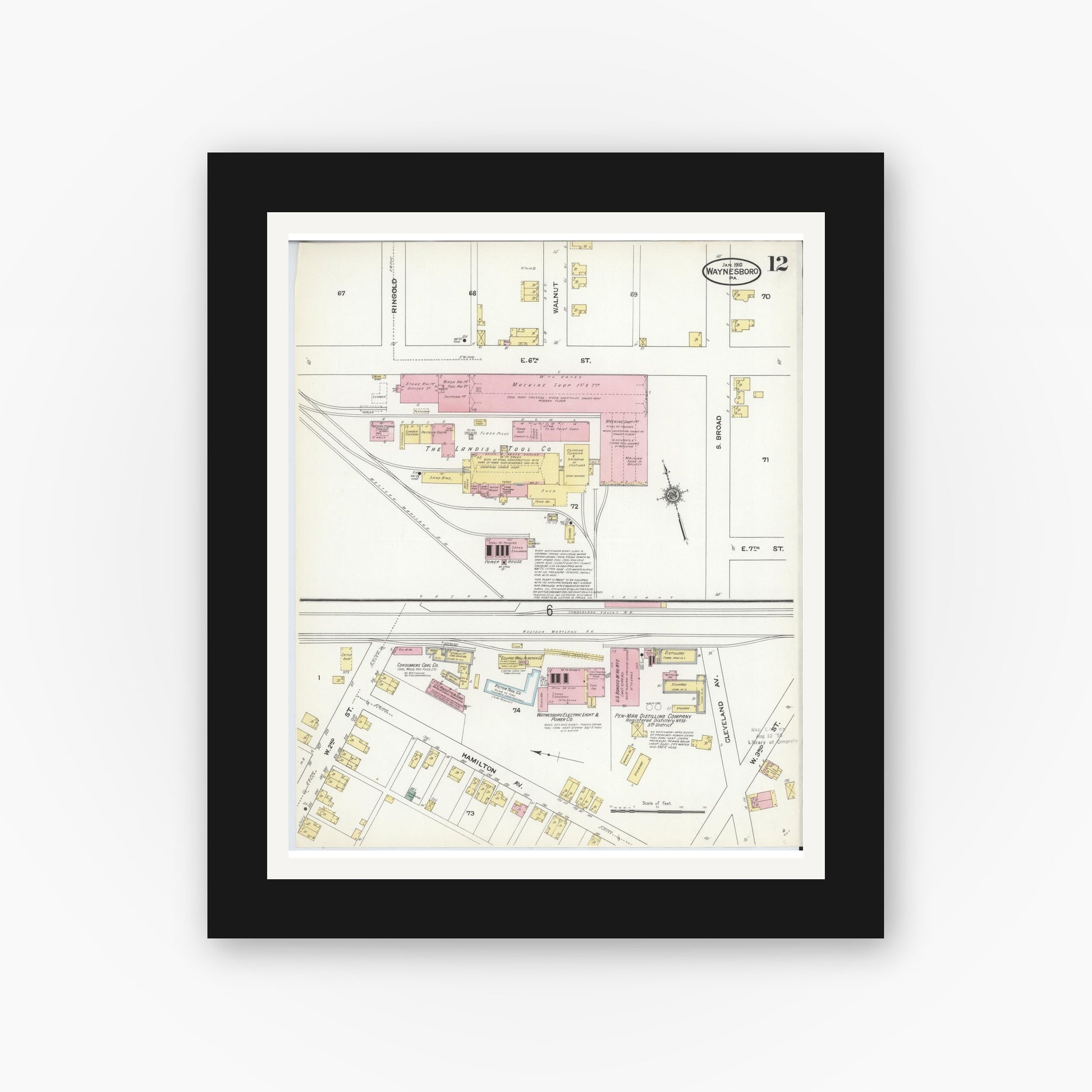 Old map wall art mockup — black gallery frame with white mat — Sanborn Fire Insurance Map from Waynesboro, Franklin County, Pennsylvania (1910), Sheet #0012
