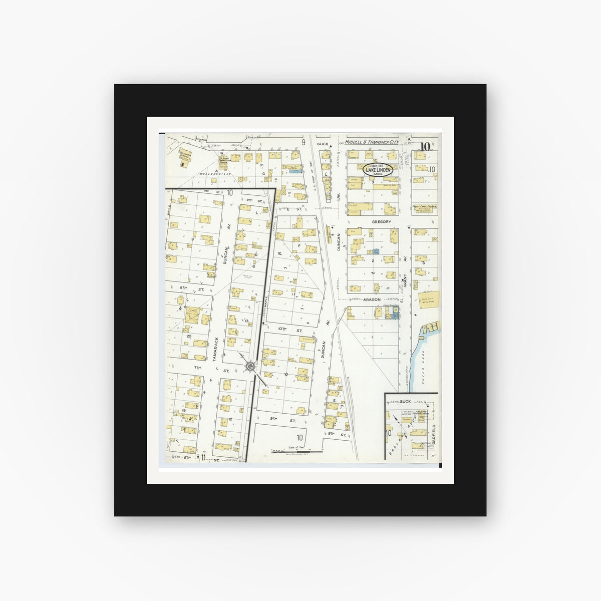Old map wall art mockup — black gallery frame with white mat — Sanborn Fire Insurance Map from Lake Linden, Houghton County, Michigan (1917), Sheet #0010