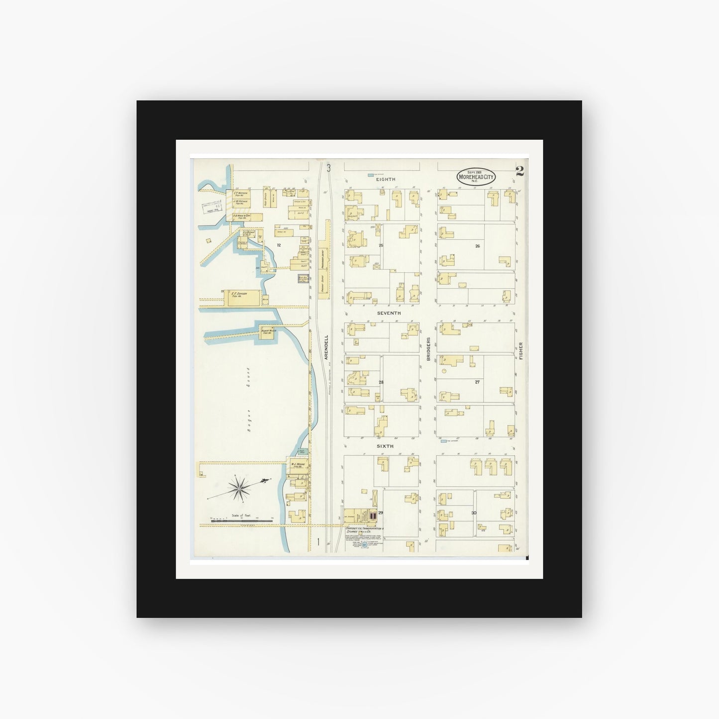 Old map wall art mockup — black gallery frame with white mat — Sanborn Fire Insurance Map from Morehead City, Carteret County, North Carolina (1908), Sheet #0002