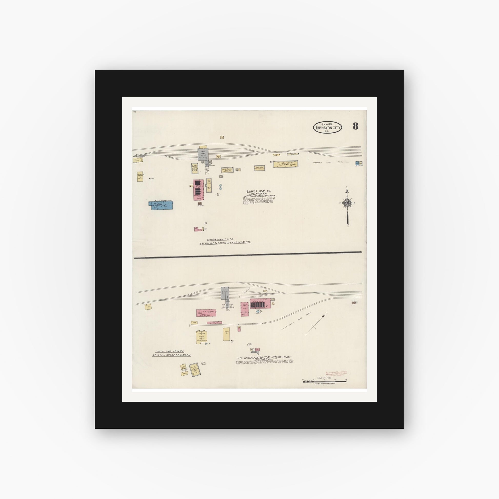 Old map wall art mockup — black gallery frame with white mat — Sanborn Fire Insurance Map from Johnston City, Williamson County, Illinois (1922), Sheet #0008