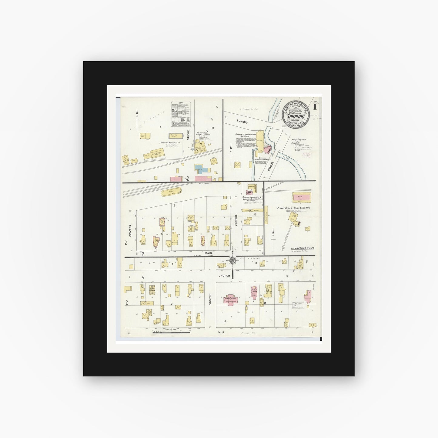 Old map wall art mockup — black gallery frame with white mat — Sanborn Fire Insurance Map from Saranac, Ionia County, Michigan (1911) - Complete Map Set