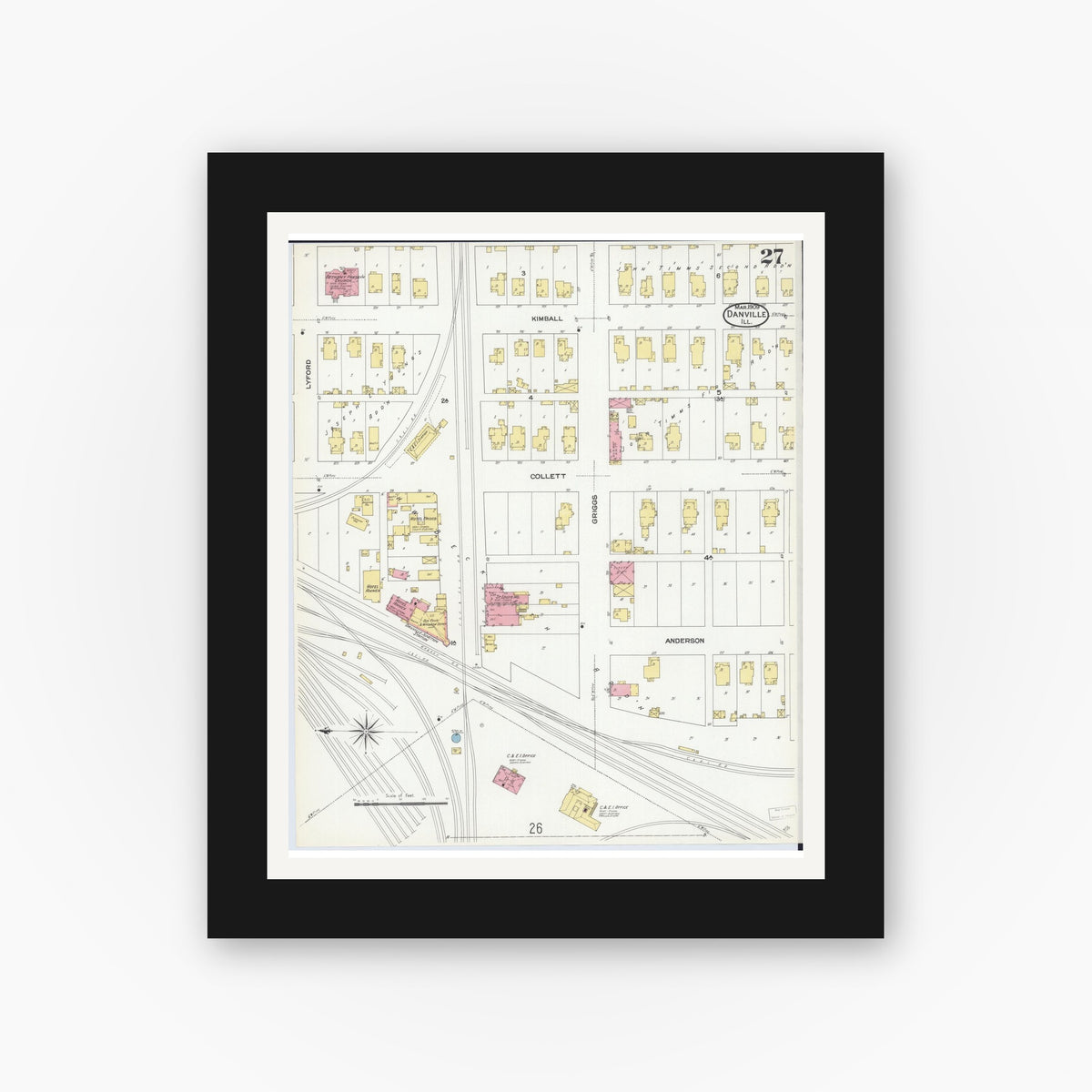 Old map wall art mockup — black gallery frame with white mat — Sanborn Fire Insurance Map from Danville, Vermilion County, Illinois (1909), Sheet #0027