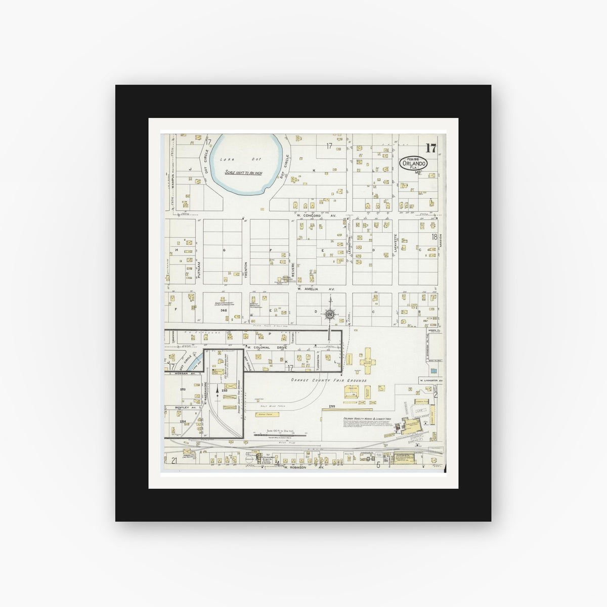 Old map wall art mockup — black gallery frame with white mat — Sanborn Fire Insurance Map from Orlando, Orange County, Florida (1919), Sheet #0017