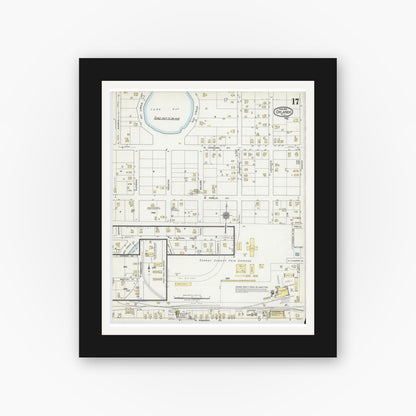 Old map wall art mockup — black gallery frame with white mat — Sanborn Fire Insurance Map from Orlando, Orange County, Florida (1919), Sheet #0017