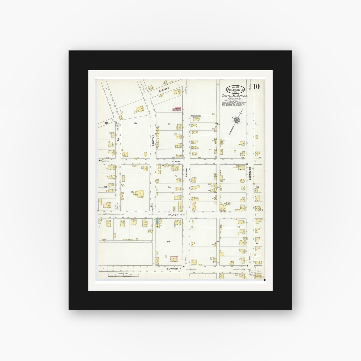 Old map wall art mockup — black gallery frame with white mat — Sanborn Fire Insurance Map from Philipsburg, Centre County, Pennsylvania (1910), Sheet #0010