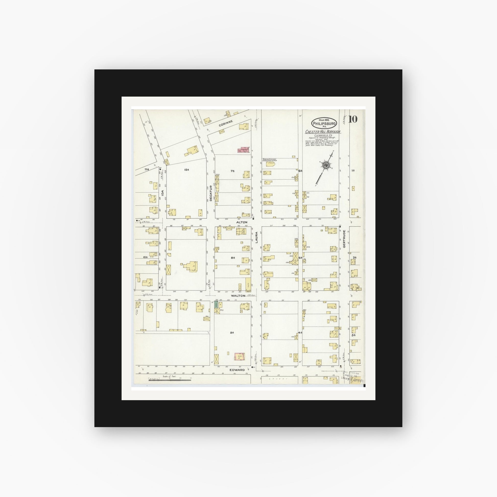 Old map wall art mockup — black gallery frame with white mat — Sanborn Fire Insurance Map from Philipsburg, Centre County, Pennsylvania (1910), Sheet #0010