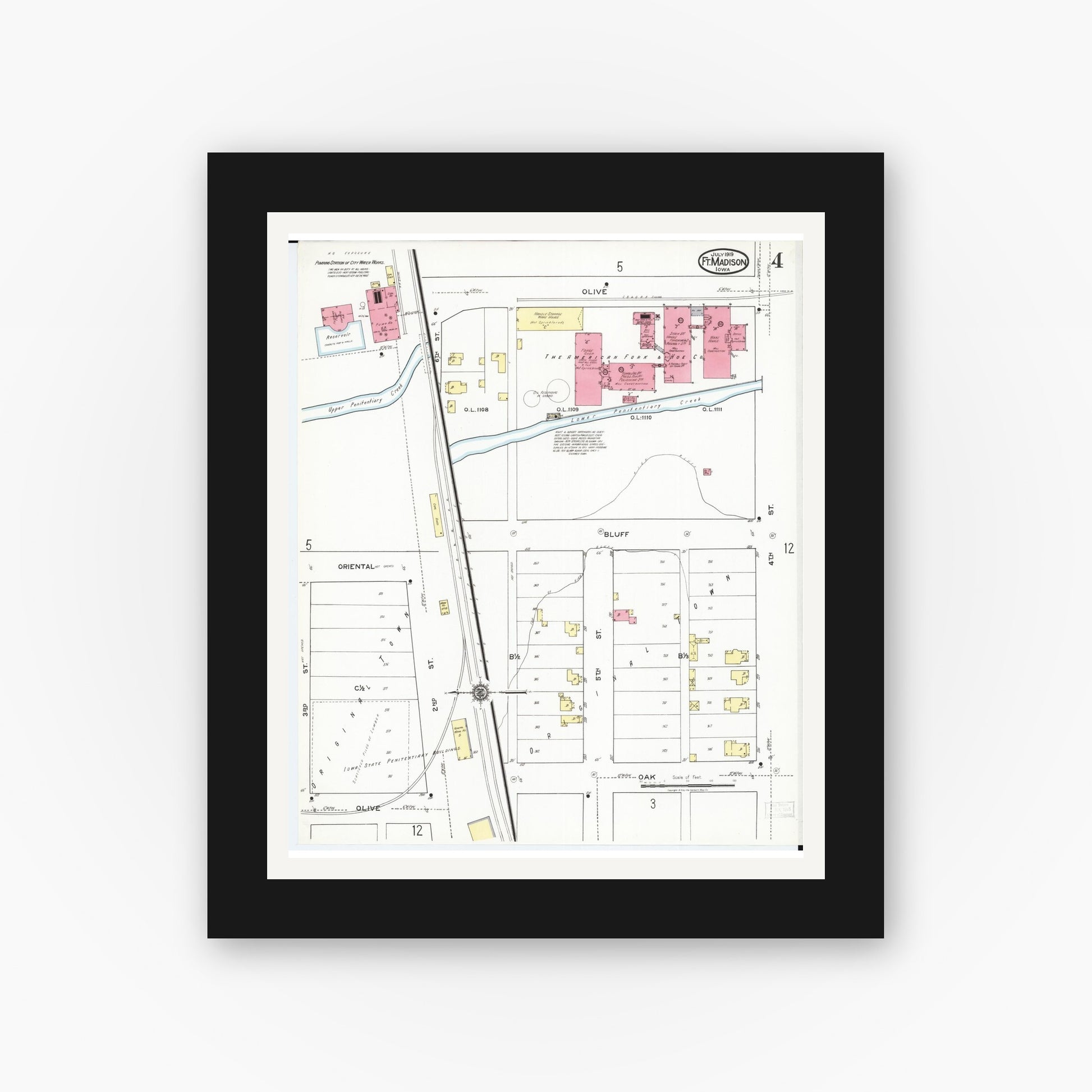 Old map wall art mockup — black gallery frame with white mat — Sanborn Fire Insurance Map from Fort Madison, Lee County, Iowa (1919), Sheet #0004