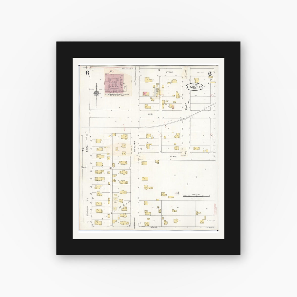 Old map wall art mockup — black gallery frame with white mat — Sanborn Fire Insurance Map from Saint Charles, Winona County, Minnesota (1940), Sheet #0006