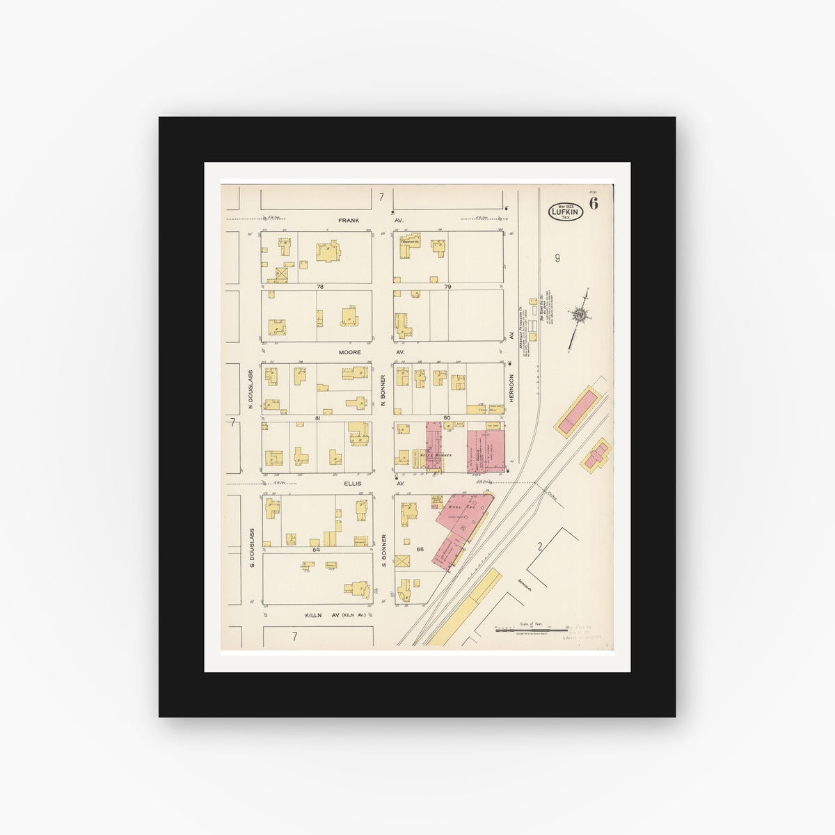 Old map wall art mockup — black gallery frame with white mat — Sanborn Fire Insurance Map from Lufkin, Angelina County, Texas (1922), Sheet #0006