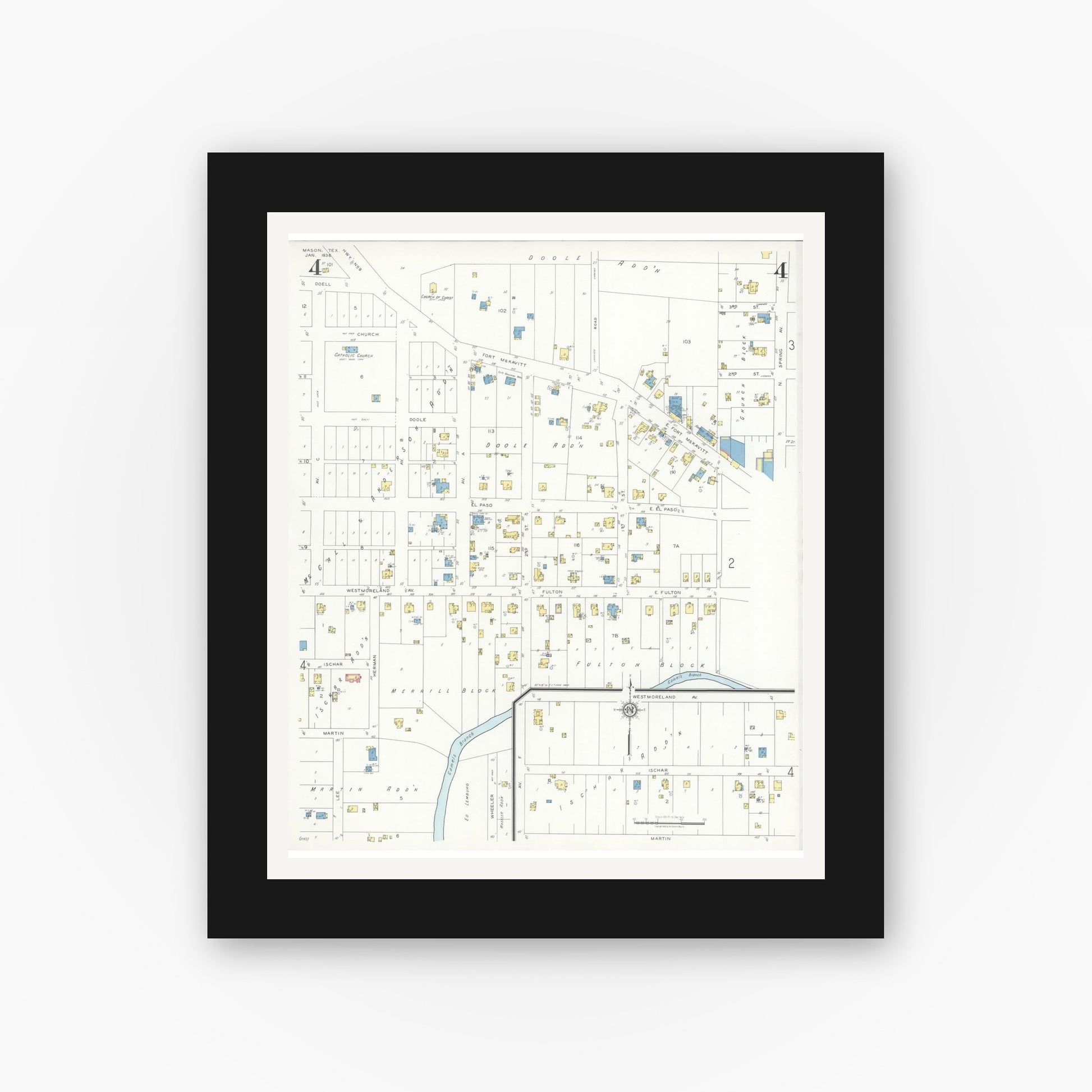 Old map wall art mockup — black gallery frame with white mat — Sanborn Fire Insurance Map from Mason, Mason County, Texas (1936), Sheet #0004