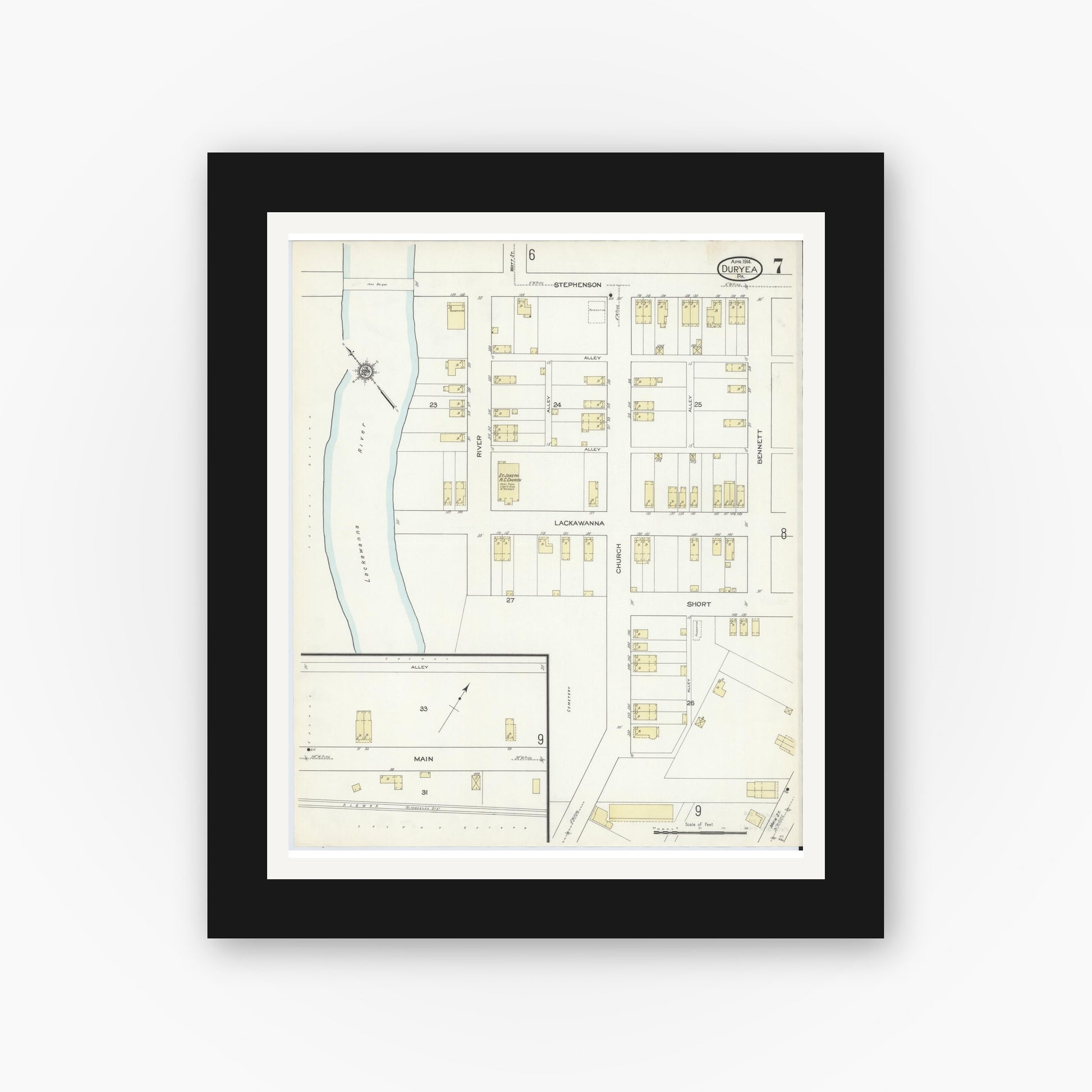 Old map wall art mockup — black gallery frame with white mat — Sanborn Fire Insurance Map from Duryea, Luzerne County, Pennsylvania (1914), Sheet #0007