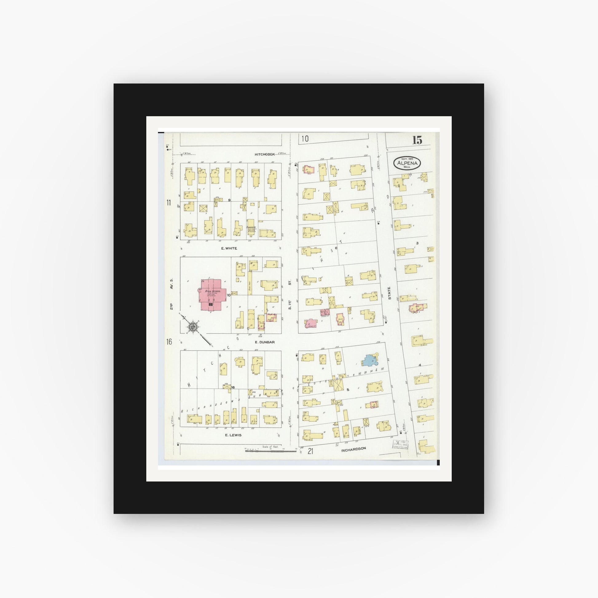Old map wall art mockup — black gallery frame with white mat — Sanborn Fire Insurance Map from Alpena, Alpena County, Michigan (1910), Sheet #0015