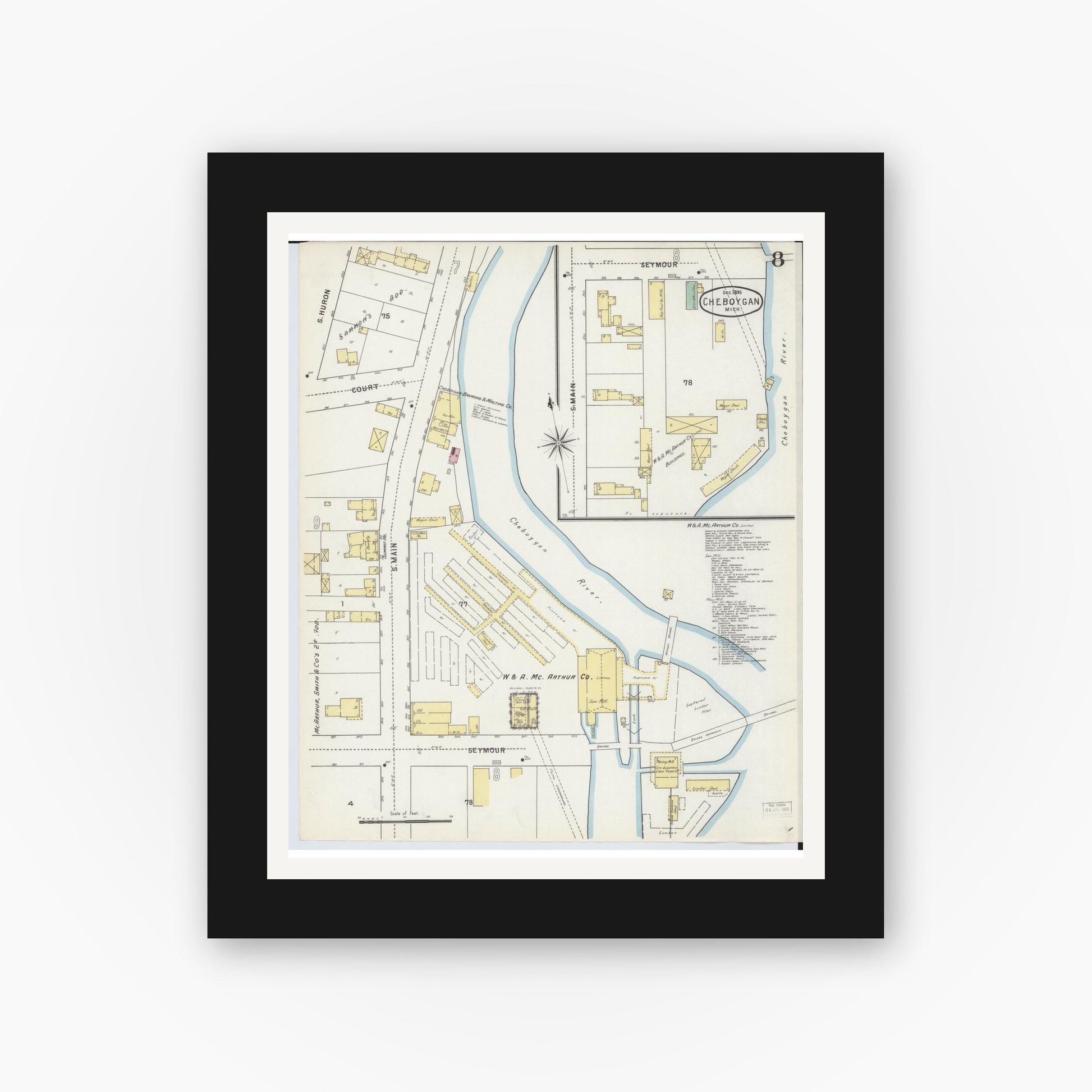 Old map wall art mockup — black gallery frame with white mat — Sanborn Fire Insurance Map from Cheboygan, Cheboygan County, Michigan (1895), Sheet #0008