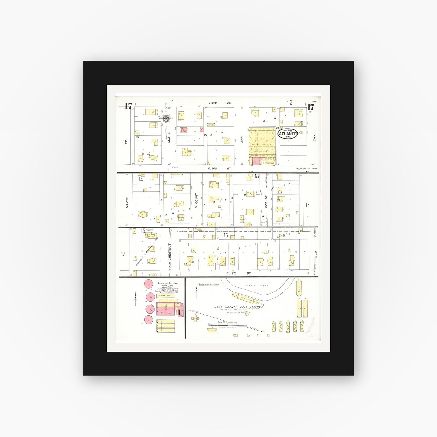 Old map wall art mockup — black gallery frame with white mat — Sanborn Fire Insurance Map from Atlantic, Cass County, Iowa (1923), Sheet #0017