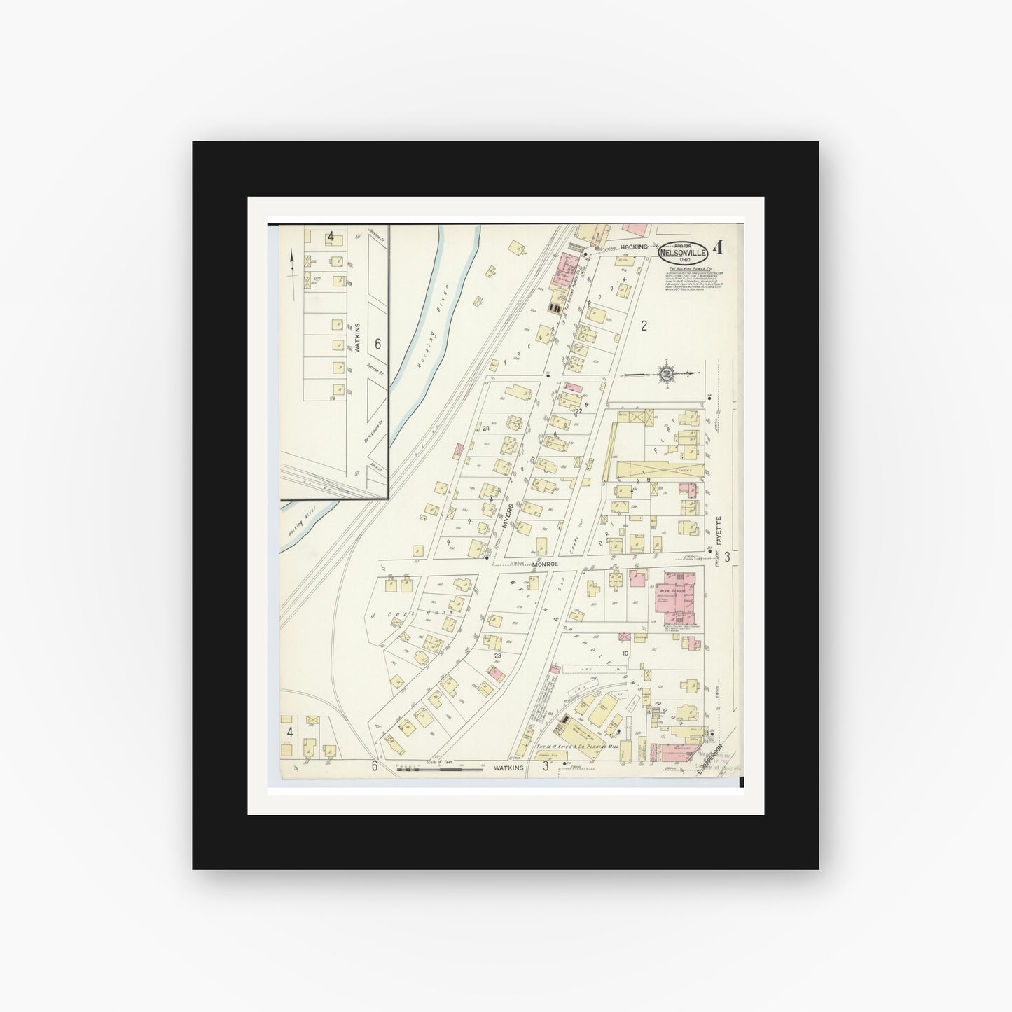 Old map wall art mockup — black gallery frame with white mat — Sanborn Fire Insurance Map from Nelsonville, Athens County, Ohio (1914), Sheet #0004