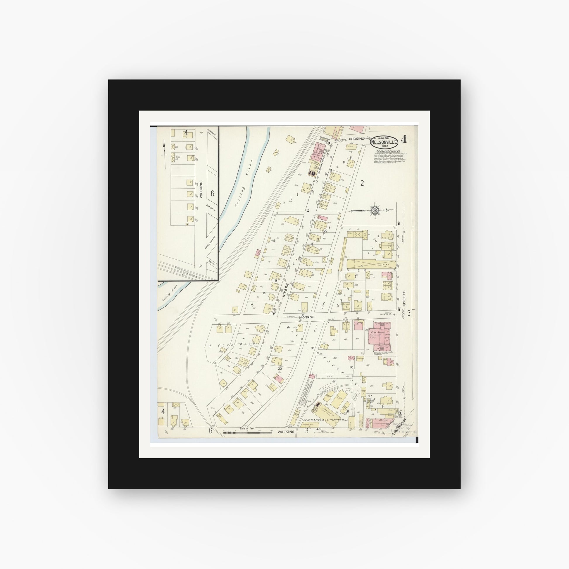 Old map wall art mockup — black gallery frame with white mat — Sanborn Fire Insurance Map from Nelsonville, Athens County, Ohio (1914), Sheet #0004