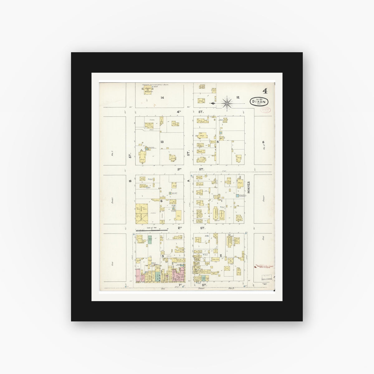 Old map wall art mockup — black gallery frame with white mat — Sanborn Fire Insurance Map from Dixon, Solano County, California (1891), Sheet #0004