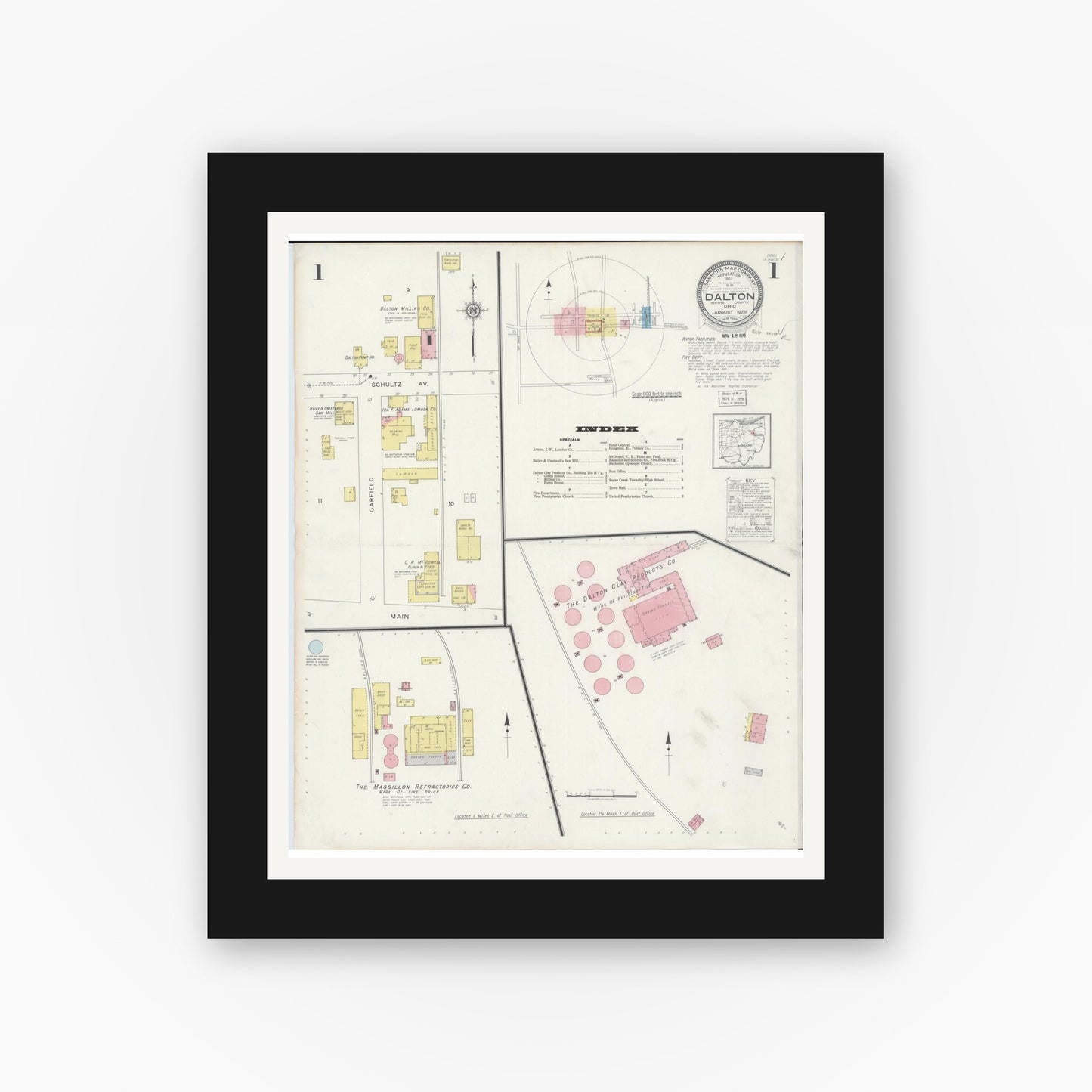 Old map wall art mockup — black gallery frame with white mat — Sanborn Fire Insurance Map from Dalton, Wayne County, Ohio (1929) - Complete Map Set