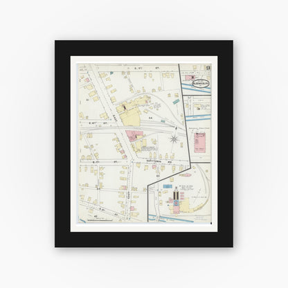 Old map wall art mockup — black gallery frame with white mat — Sanborn Fire Insurance Map from Bloomsburg, Columbia County, Pennsylvania (1891), Sheet #0009