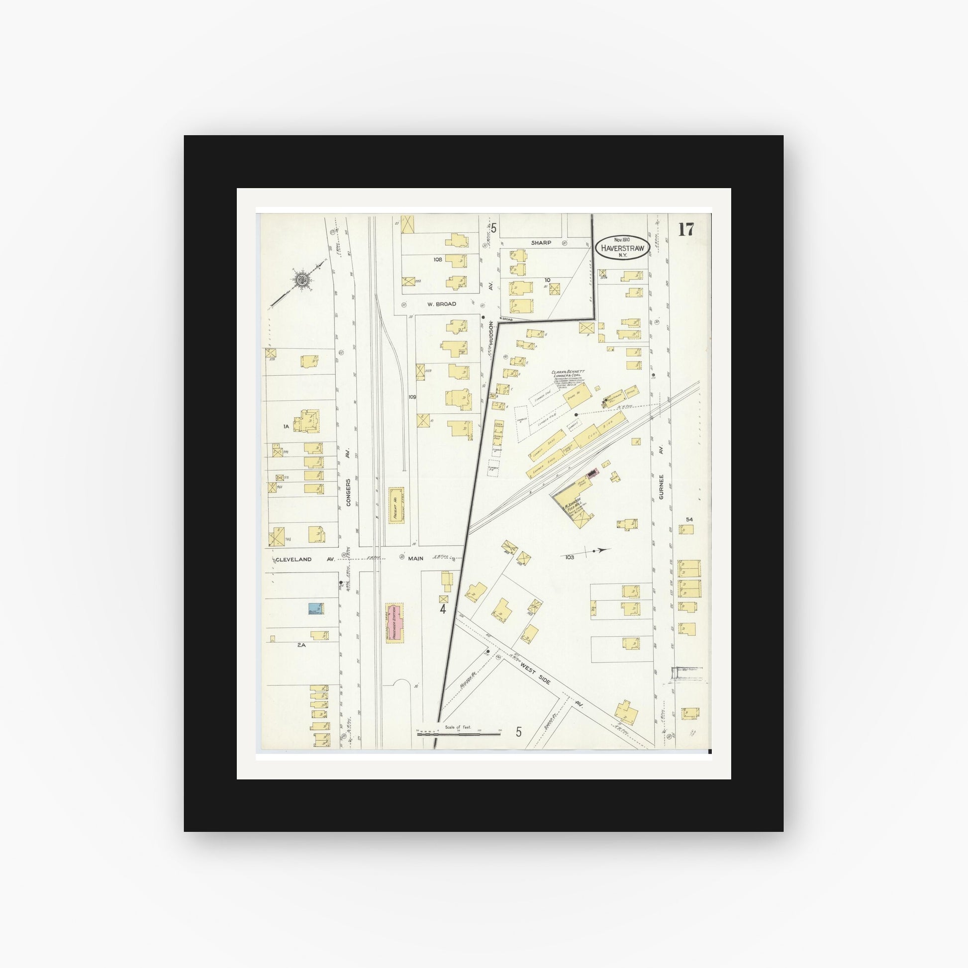 Old map wall art mockup — black gallery frame with white mat — Sanborn Fire Insurance Map from Haverstraw, Rockland County, New York (1910), Sheet #0017