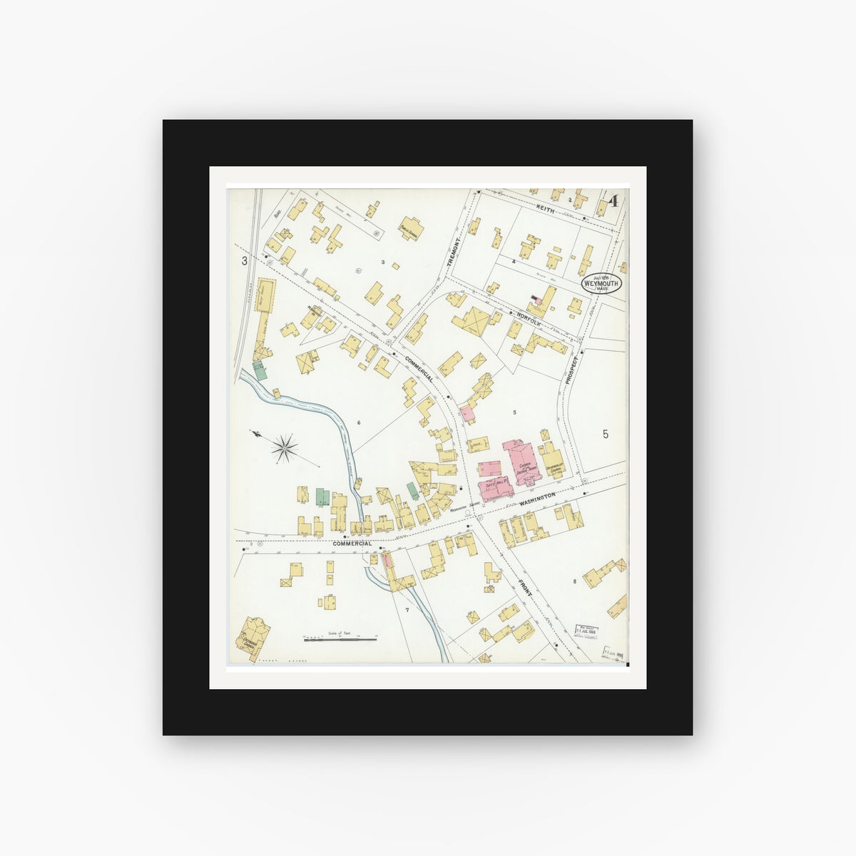 Old map wall art mockup — black gallery frame with white mat — Sanborn Fire Insurance Map from Weymouth, Norfolk County, Massachusetts (1899), Sheet #0004