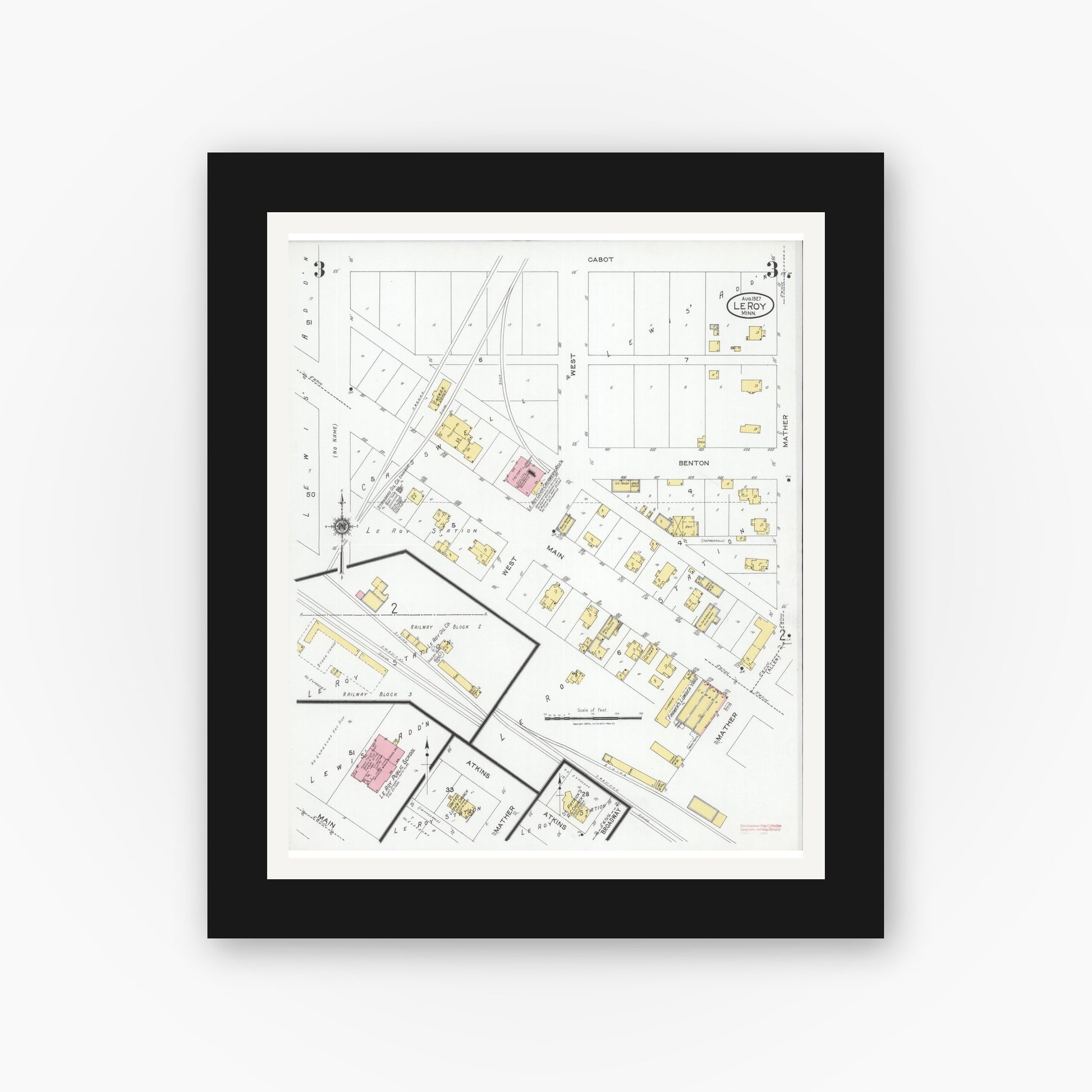 Old map wall art mockup — black gallery frame with white mat — Sanborn Fire Insurance Map from Le Roy, Mower County, Minnesota (1927), Sheet #0003
