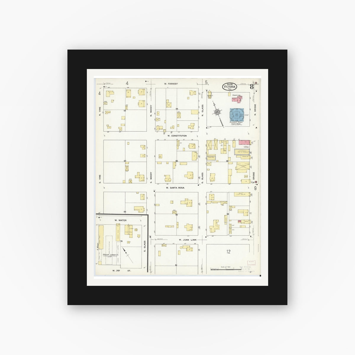 Old map wall art mockup — black gallery frame with white mat — Sanborn Fire Insurance Map from Victoria, Victoria County, Texas (1912), Sheet #0008