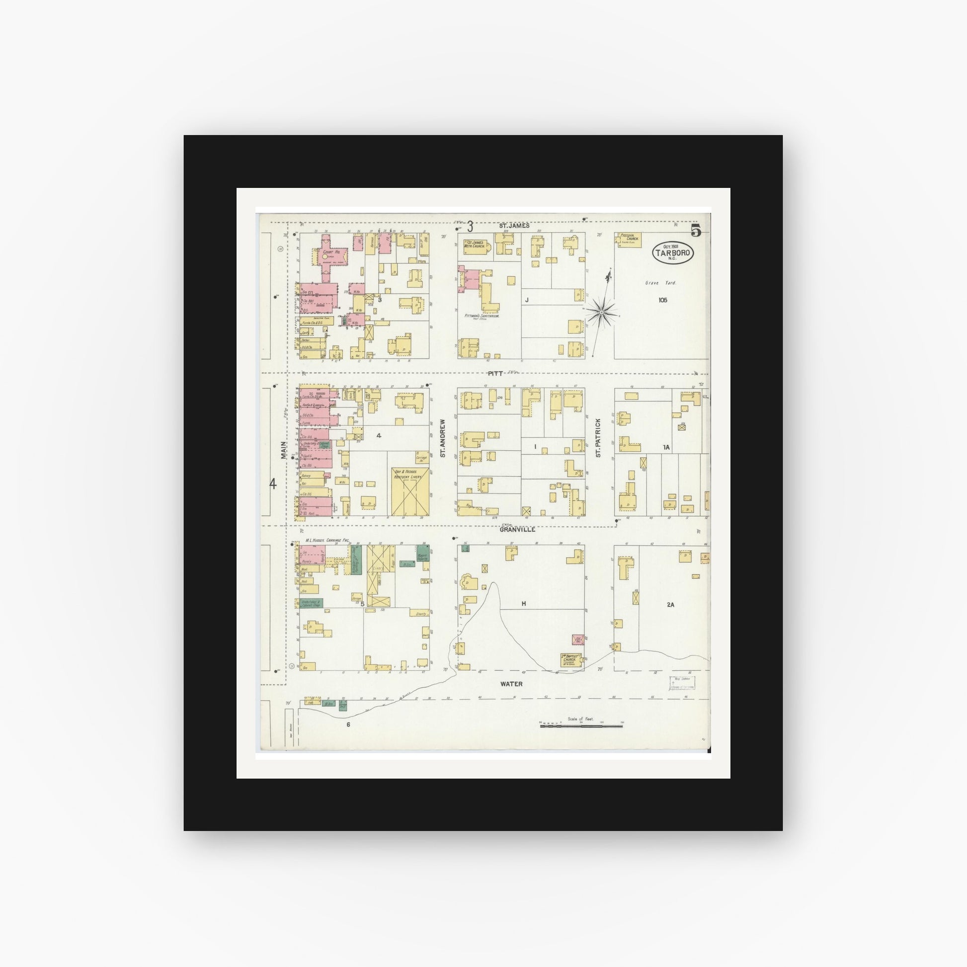 Old map wall art mockup — black gallery frame with white mat — Sanborn Fire Insurance Map from Tarboro, Edgecombe County, North Carolina (1901), Sheet #0005