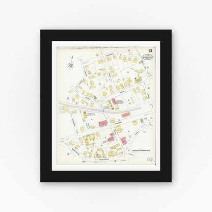 Old map wall art mockup — black gallery frame with white mat — Sanborn Fire Insurance Map from Marblehead, Essex County, Massachusetts (1908), Sheet #0013
