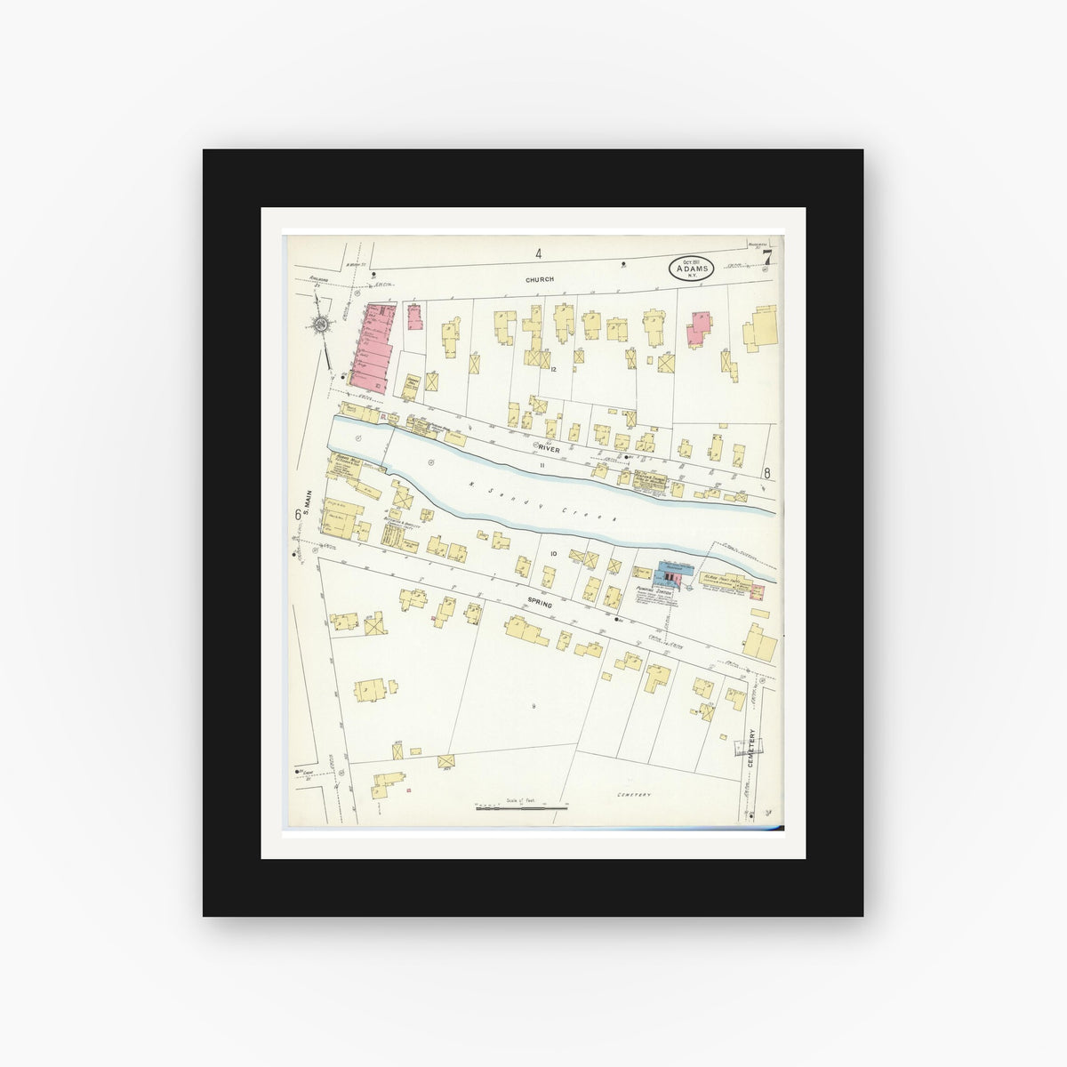 Old map wall art mockup — black gallery frame with white mat — Sanborn Fire Insurance Map from Adams, Jefferson County, New York (1911), Sheet #0007
