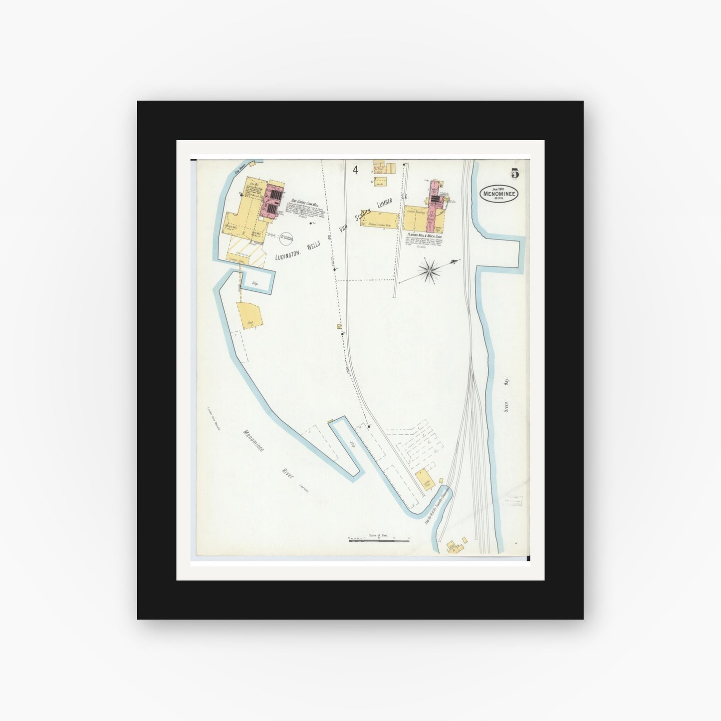 Old map wall art mockup — black gallery frame with white mat — Sanborn Fire Insurance Map from Menominee, Menominee County, Michigan (1901), Sheet #0005