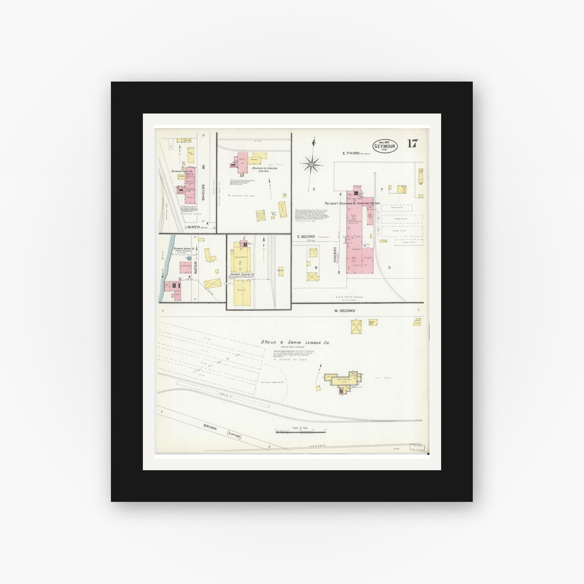 Old map wall art mockup — black gallery frame with white mat — Sanborn Fire Insurance Map from Seymour, Jackson County, Indiana (1907), Sheet #0017