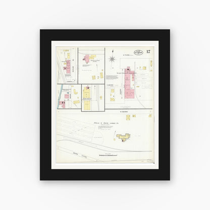 Old map wall art mockup — black gallery frame with white mat — Sanborn Fire Insurance Map from Seymour, Jackson County, Indiana (1907), Sheet #0017