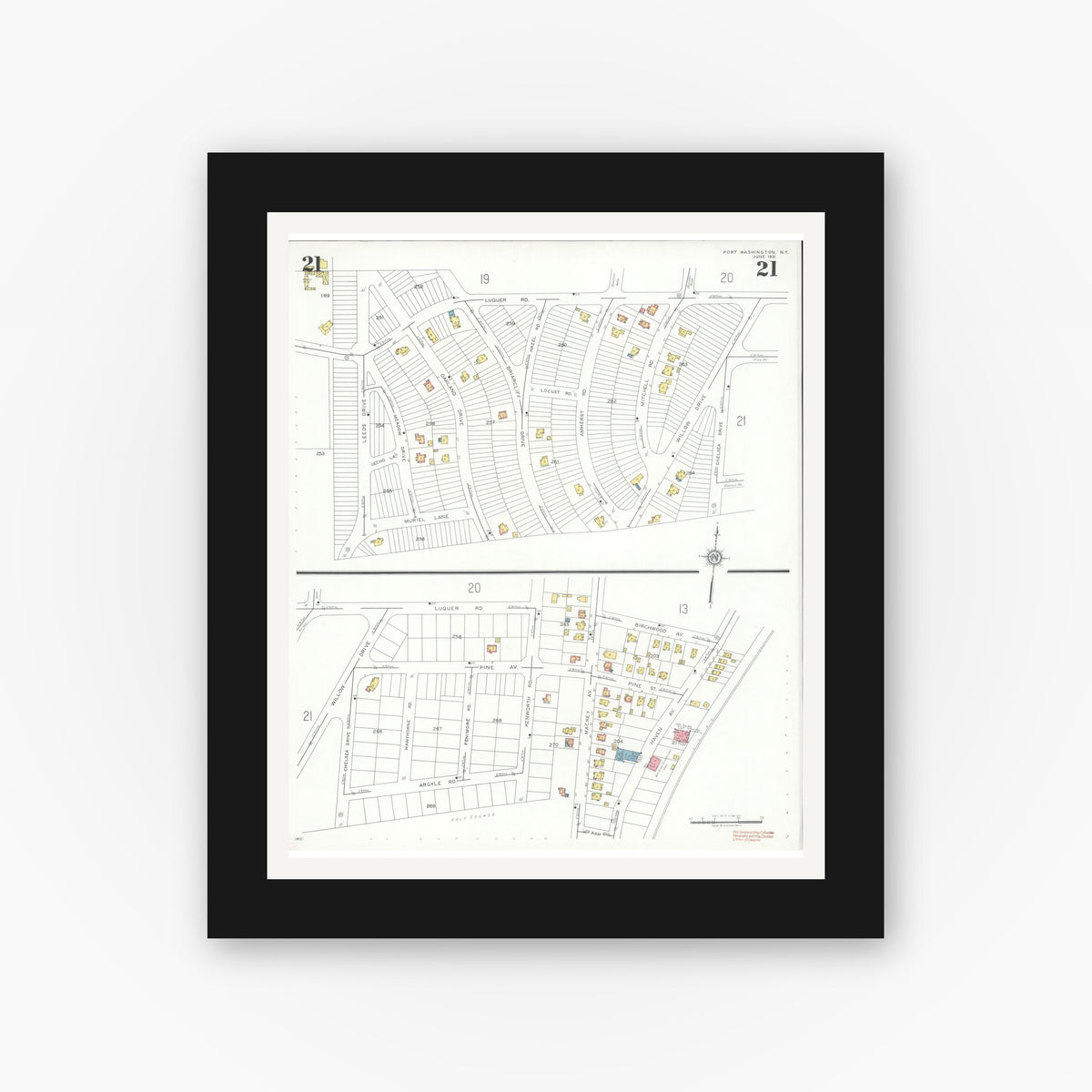 Old map wall art mockup — black gallery frame with white mat — Sanborn Fire Insurance Map from Port Washington, Nassau County, New York (1931), Sheet #0021