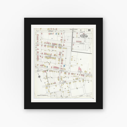 Old map wall art mockup — black gallery frame with white mat — Sanborn Fire Insurance Map from Chambersburg, Franklin County, Pennsylvania (1916), Sheet #0018
