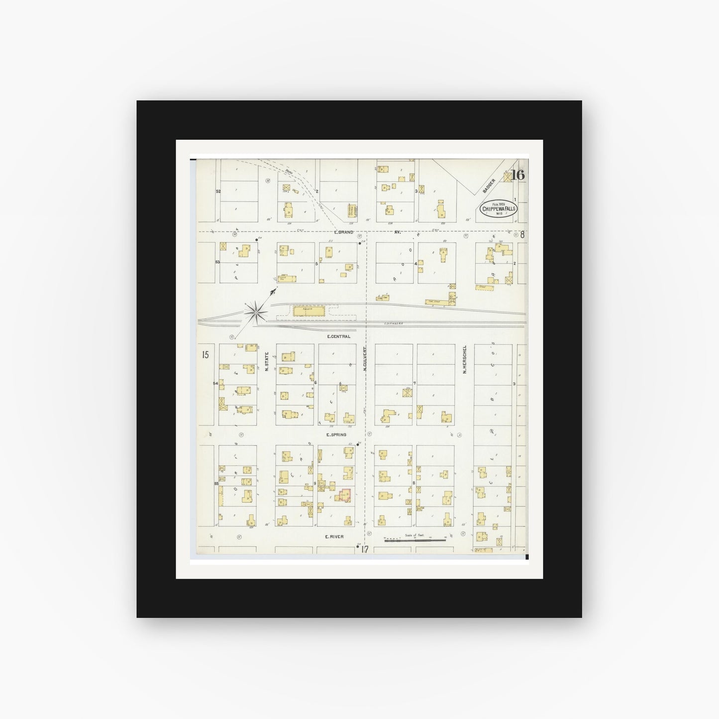 Old map wall art mockup — black gallery frame with white mat — Sanborn Fire Insurance Map from Chippewa Falls, Chippewa County, Wisconsin (1903), Sheet #0016
